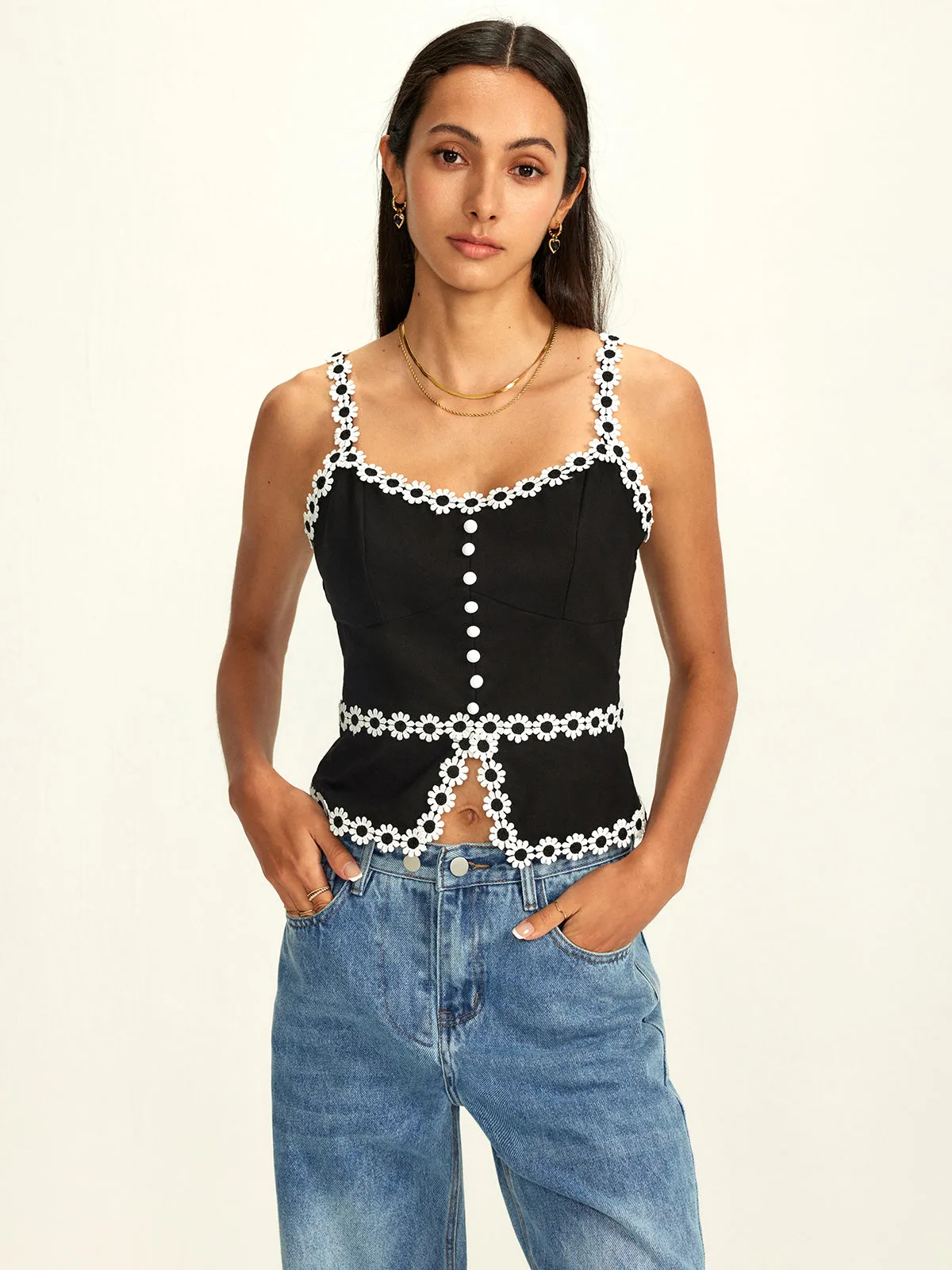 Cotton & Linen Daisy Trim Split Cami Top sold by COMMENSE product image thumbnail 3