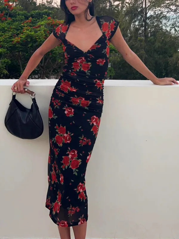 Floral Print Ruched Side Midi Dress sold by COMMENSE