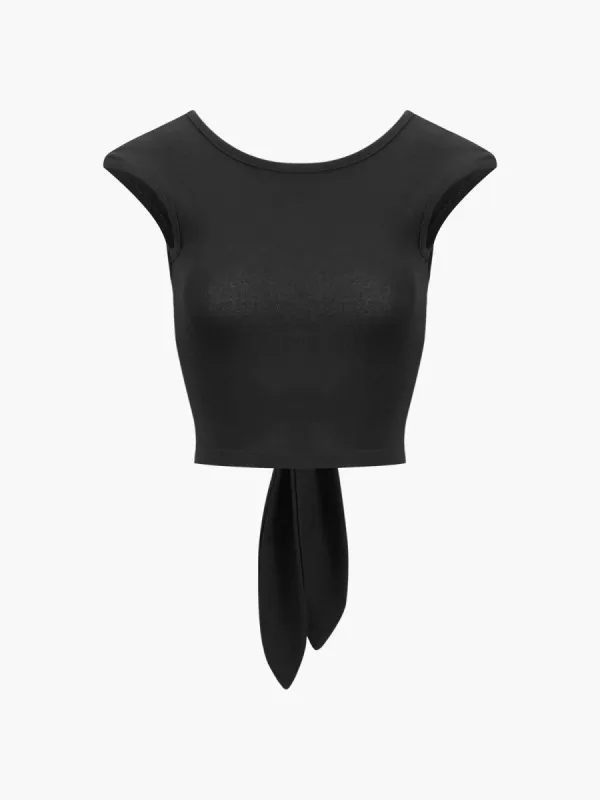 Tied Open Back Cap Sleeve Crop Top sold by COMMENSE