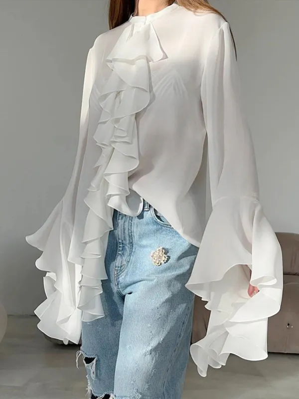 Semi-sheer Chiffon Ruffled Trim Blouse sold by COMMENSE
