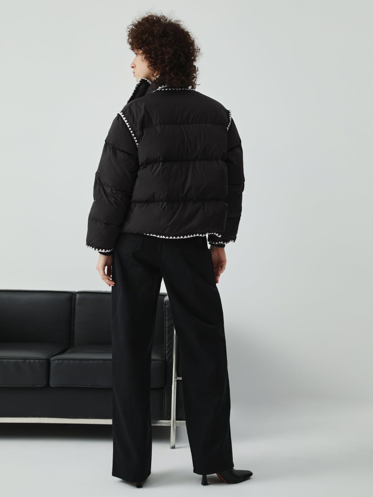 Embroidered Trim Quilted Puffer Crop Coat With Matching Scarf sold by COMMENSE product image thumbnail 4