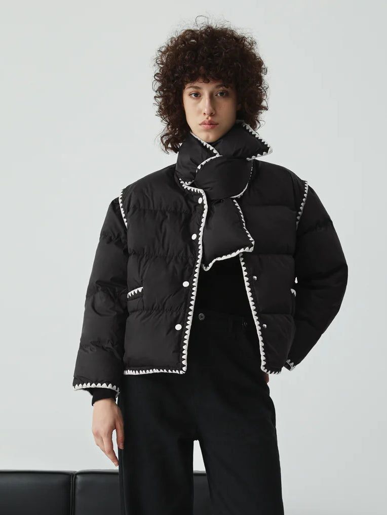 Embroidered Trim Quilted Puffer Crop Coat With Matching Scarf sold by COMMENSE