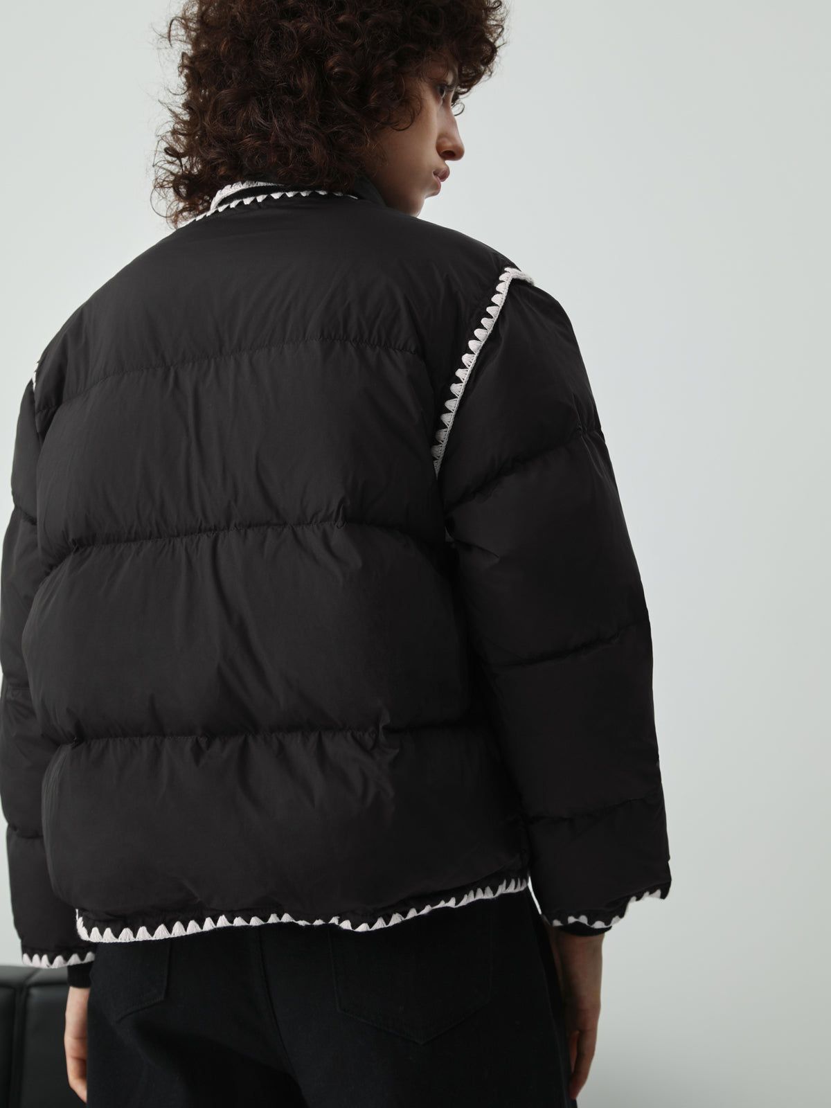 Embroidered Trim Quilted Puffer Crop Coat With Matching Scarf sold by COMMENSE product image thumbnail 5