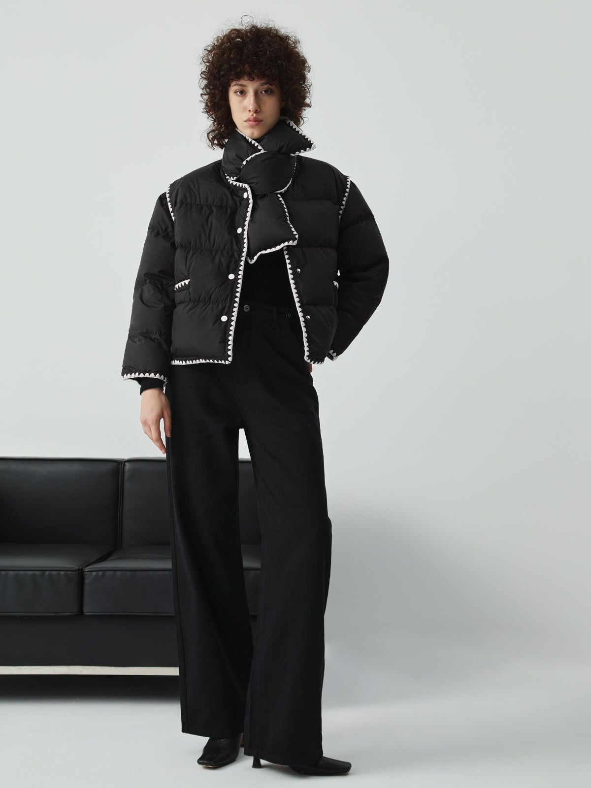 Embroidered Trim Quilted Puffer Crop Coat With Matching Scarf sold by COMMENSE product image thumbnail 2