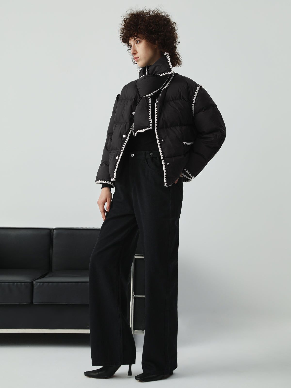 Embroidered Trim Quilted Puffer Crop Coat With Matching Scarf sold by COMMENSE product image thumbnail 3