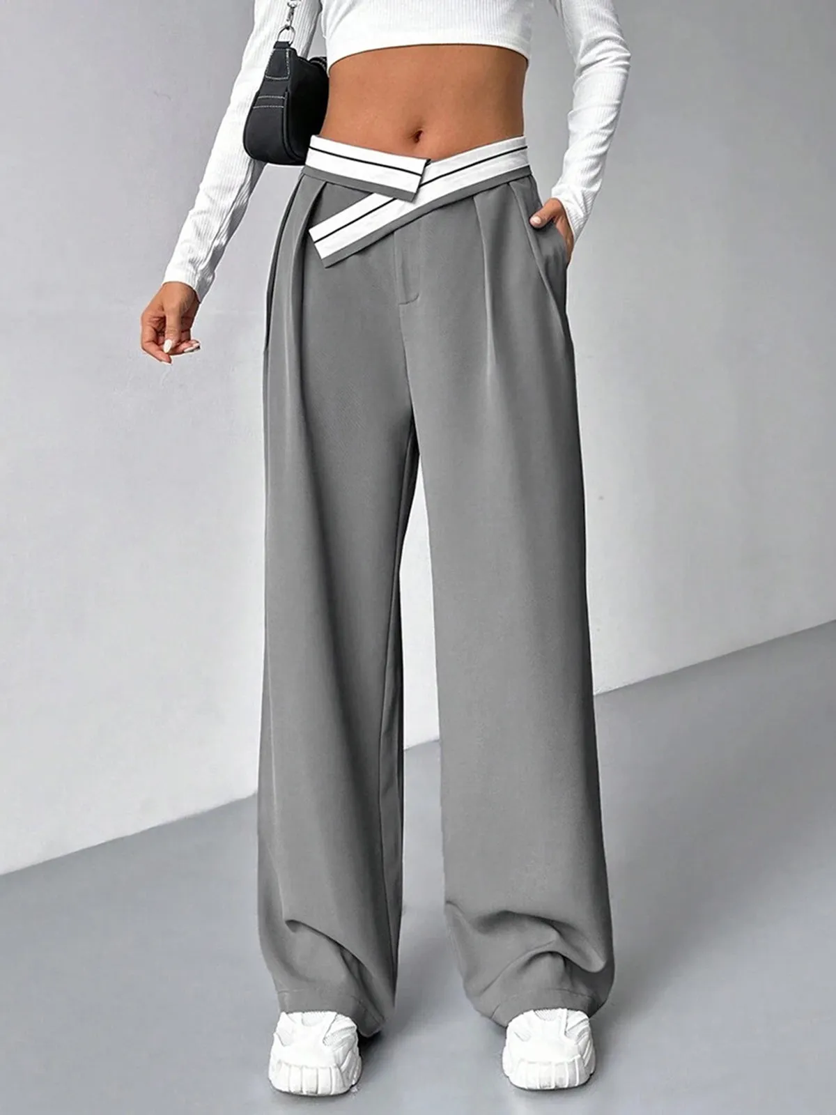 Color Blocked Ladder Waist Suit Pants sold by COMMENSE