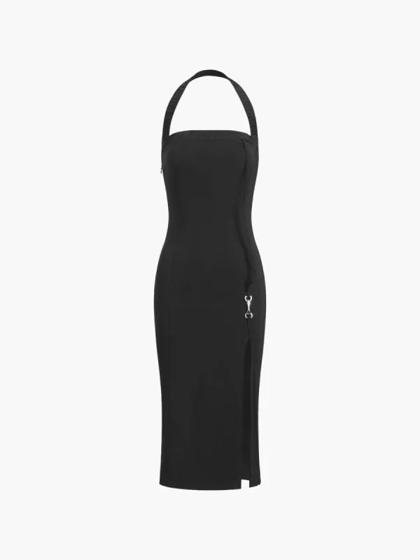 Chain Decor Halter Zippered Long Dress sold by COMMENSE