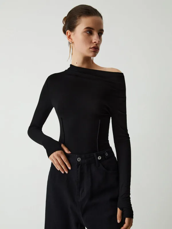 Asymmetric Off Shoulder Piping Long Sleeve Shirt sold by COMMENSE