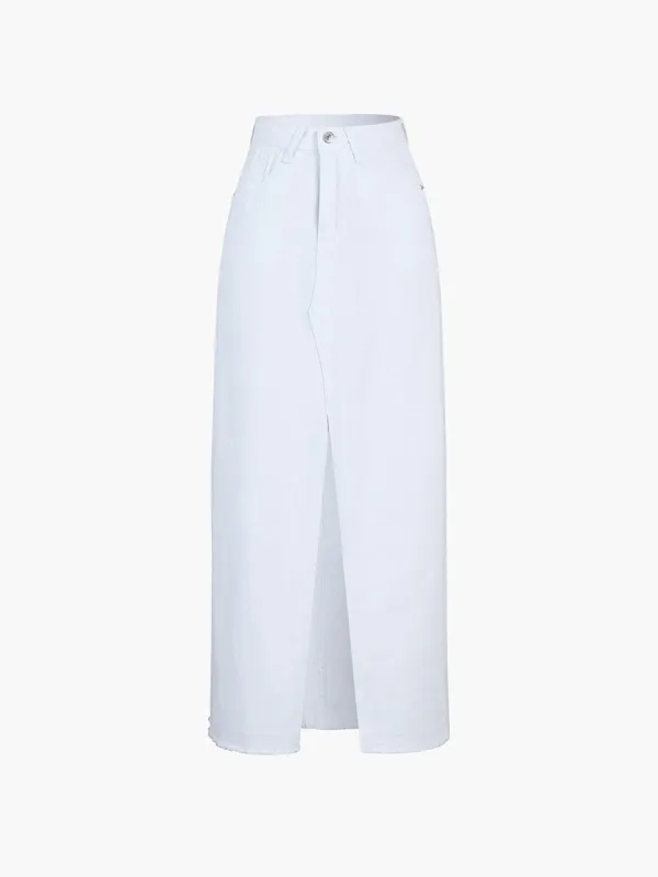 White Denim Slit Maxi Skirt sold by COMMENSE