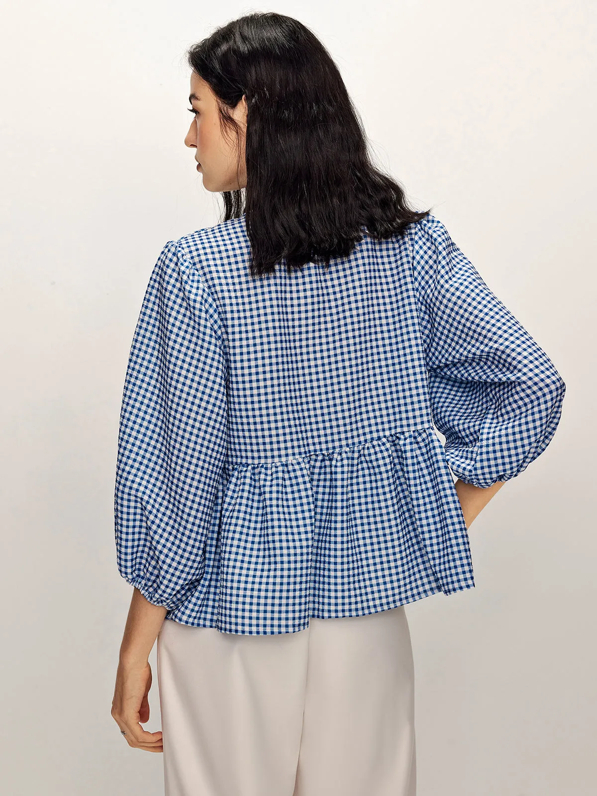 Plaid Tie Front Half Sleeve Blouse sold by COMMENSE product image thumbnail 5