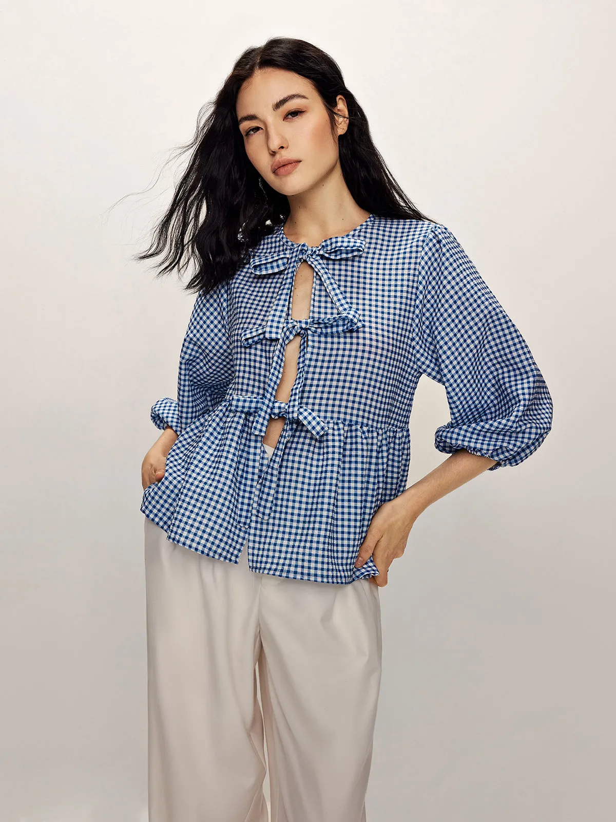 Plaid Tie Front Half Sleeve Blouse sold by COMMENSE product image thumbnail 3