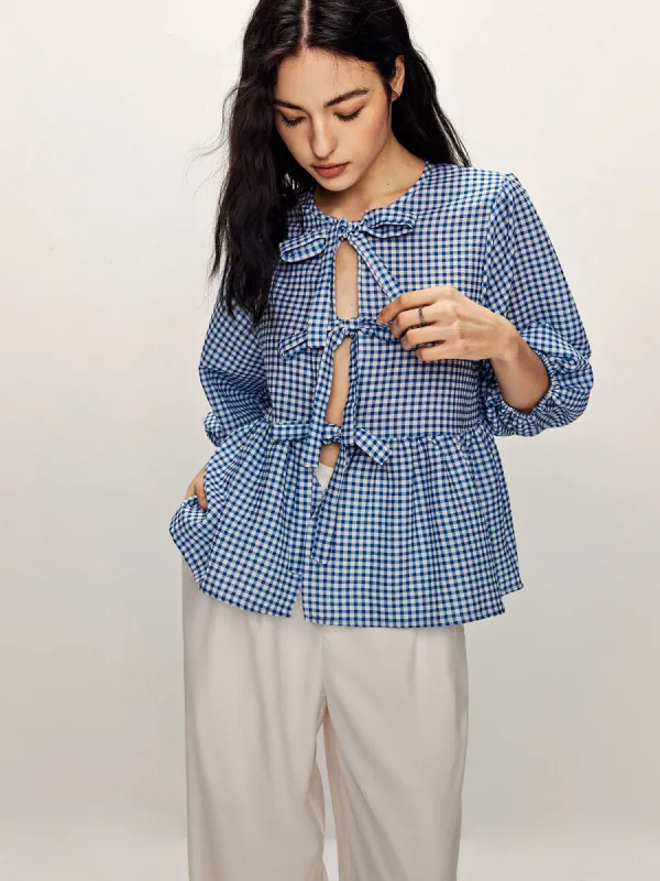 Plaid Tie Front Half Sleeve Blouse sold by COMMENSE