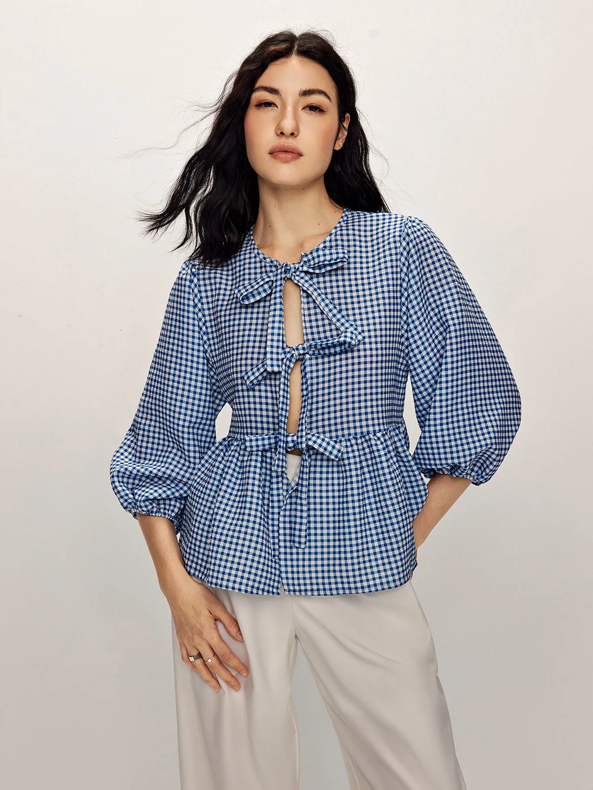 Plaid Tie Front Half Sleeve Blouse sold by COMMENSE product image thumbnail 2