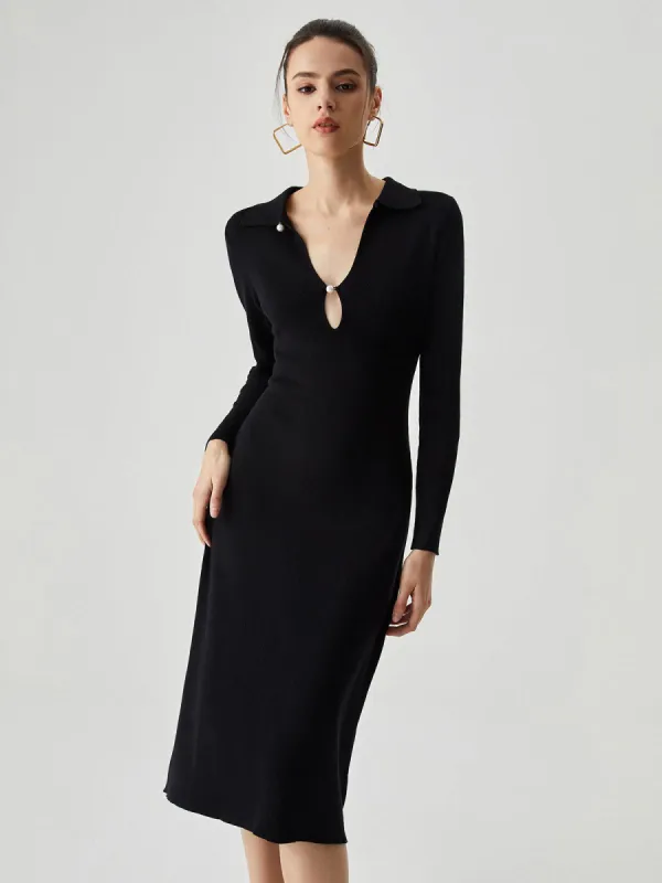 V-neck Collar Cut Out Pearl Detail Knit Midi Dress sold by COMMENSE