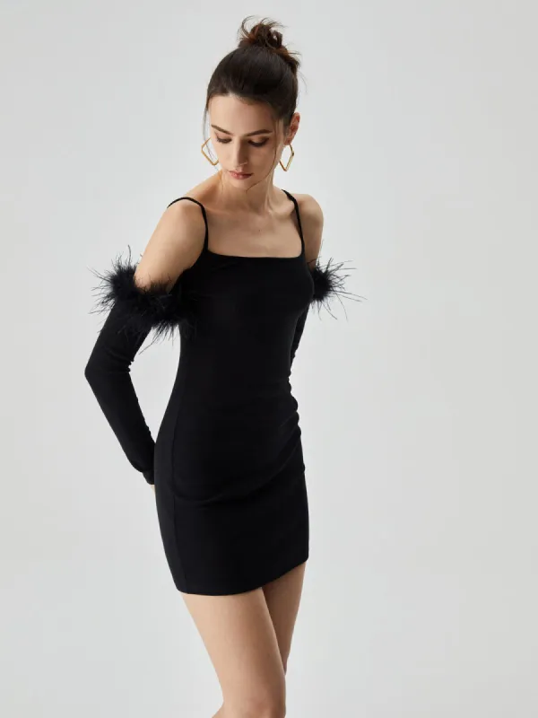 Feather Detail Ribbed Knit Cami Mini Dress sold by COMMENSE