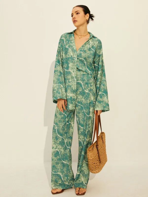 Printed Long Sleeve Shirt With Wide Leg Pants Set sold by COMMENSE