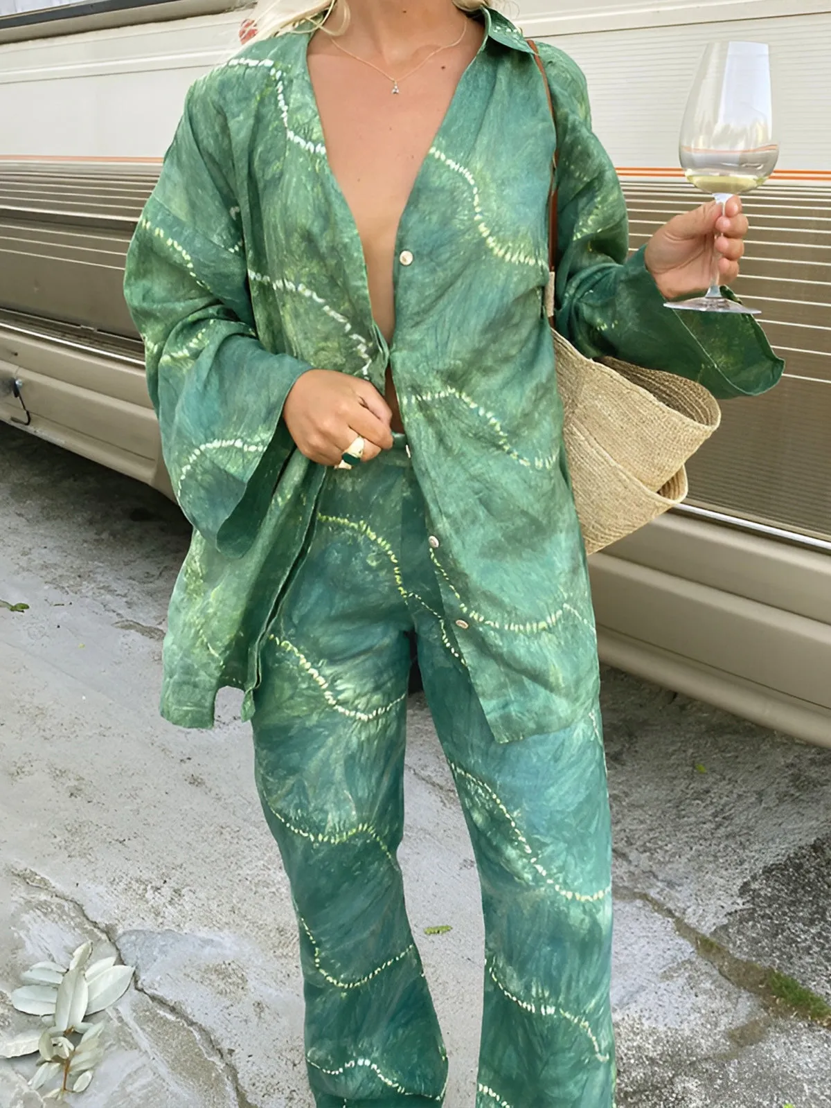 Printed Long Sleeve Shirt With Wide Leg Pants Set sold by COMMENSE product image thumbnail 2