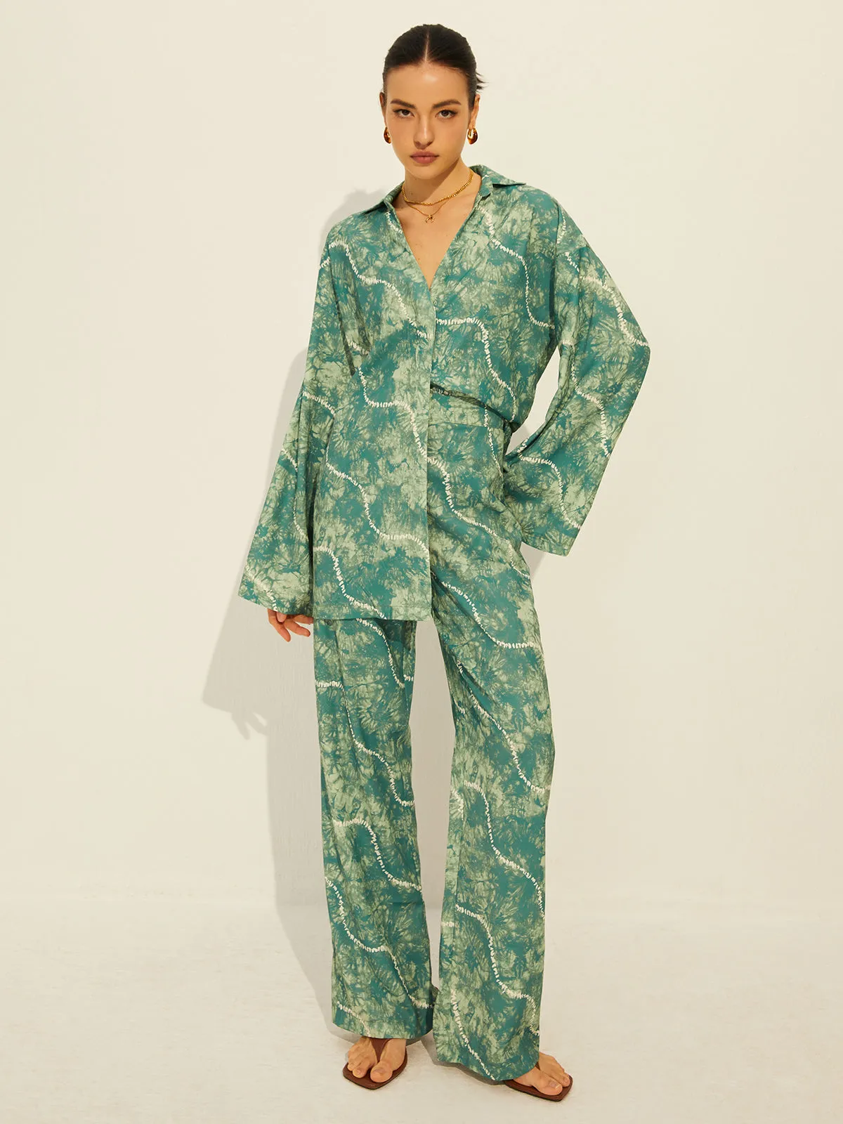 Printed Long Sleeve Shirt With Wide Leg Pants Set sold by COMMENSE product image thumbnail 3