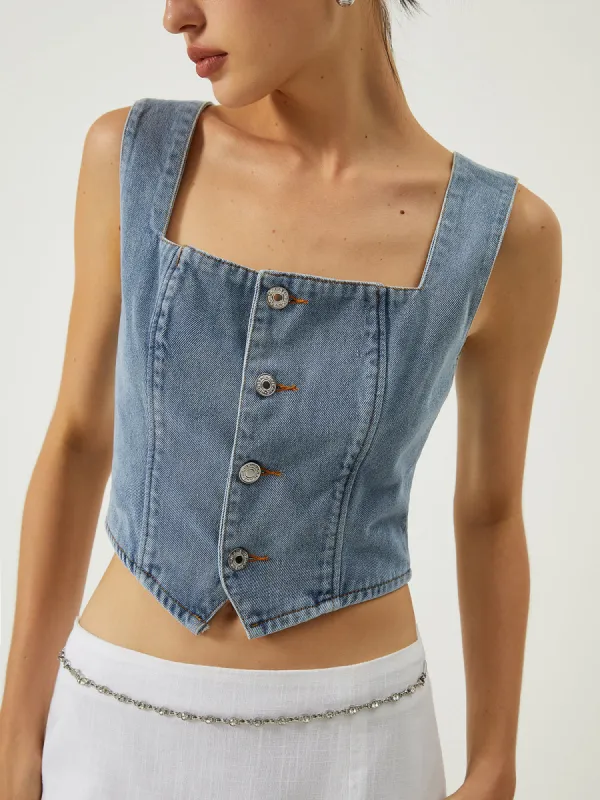 Denim Square Neck Button Tank Top sold by COMMENSE