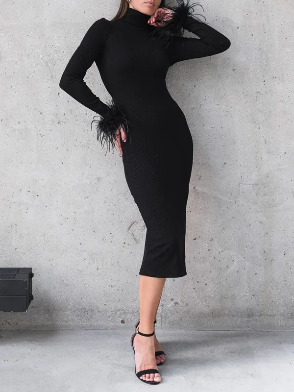 Feather Cuff Split Turtleneck Midi Dress sold by COMMENSE