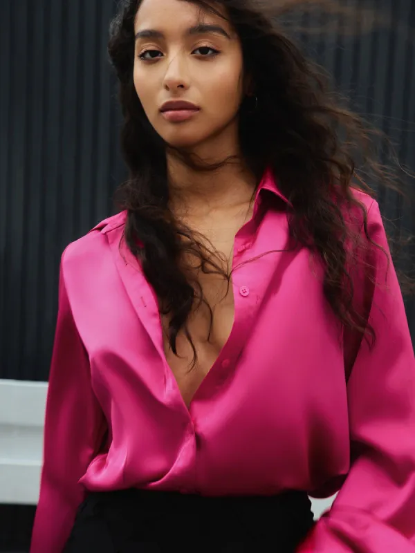 Raspberry Satin Button Down Shirt sold by COMMENSE