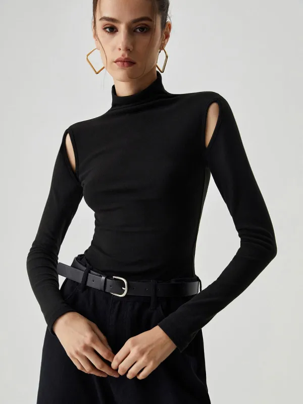 Solid Cut Out Long Sleeve Mock Neck Shirt sold by COMMENSE