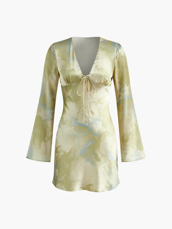 Printed Tie Front Long Sleeve Dress sold by COMMENSE