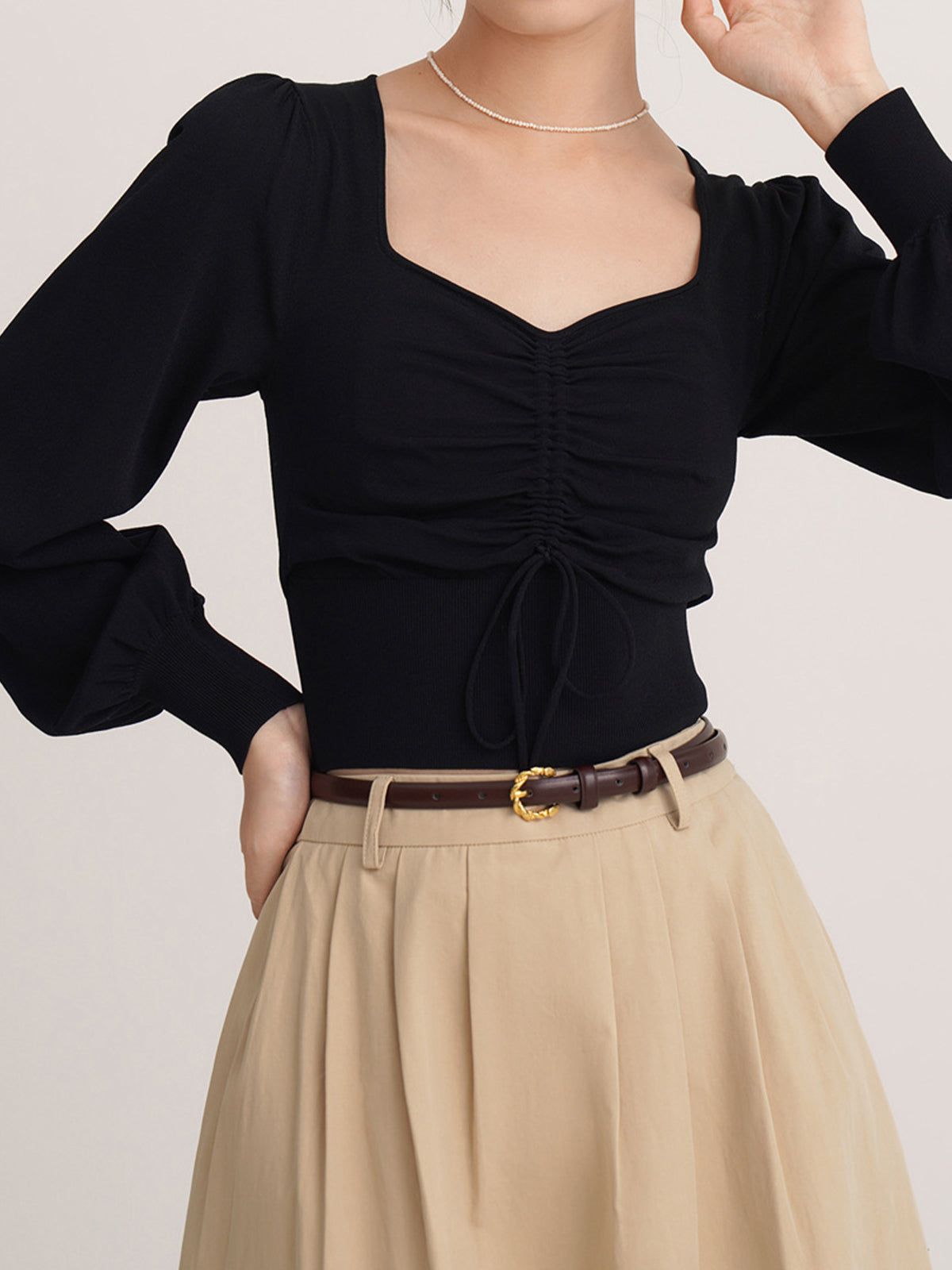 Leisurely Drawstring Puff Sleeve Knit Top sold by COMMENSE product image thumbnail 4