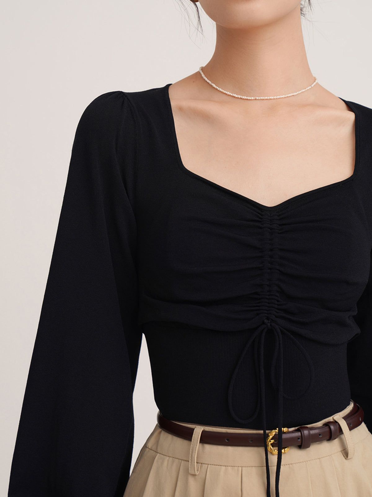 Leisurely Drawstring Puff Sleeve Knit Top sold by COMMENSE product image thumbnail 2