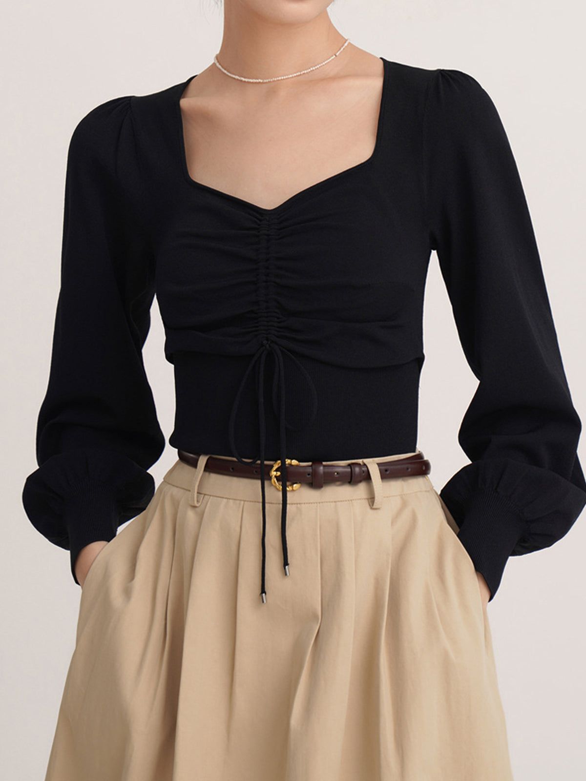 Leisurely Drawstring Puff Sleeve Knit Top sold by COMMENSE product image thumbnail 3