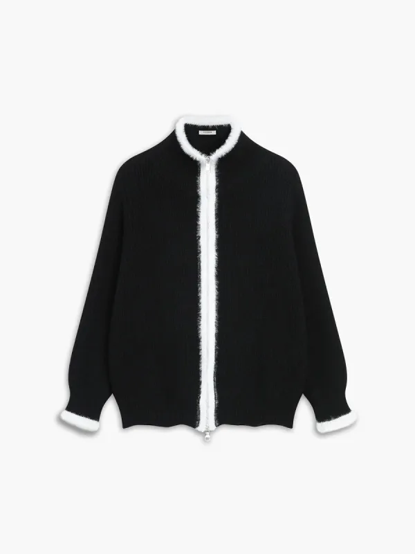 Fuzzy Contrast Trim Zippered Cardigan made by COMMENSE