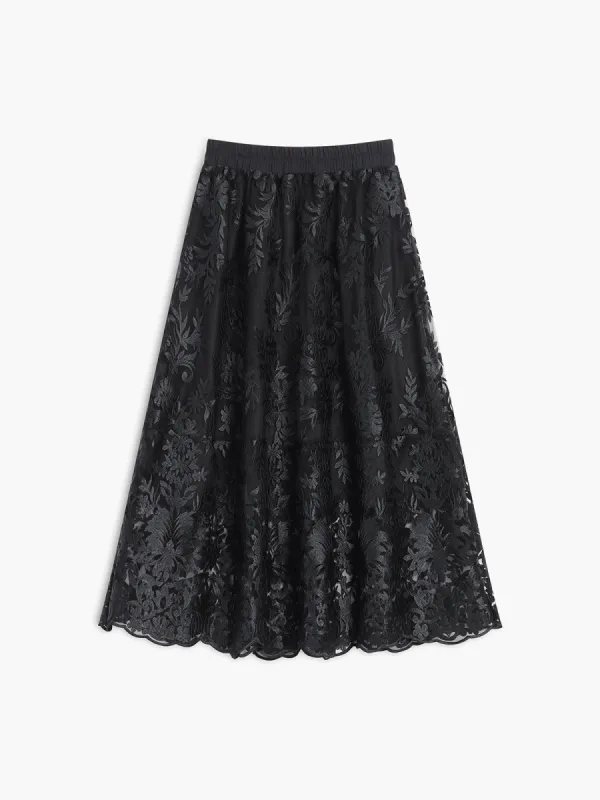 Elastic Waist Semi-sheer Mesh Jacquard Maxi Skirt sold by COMMENSE