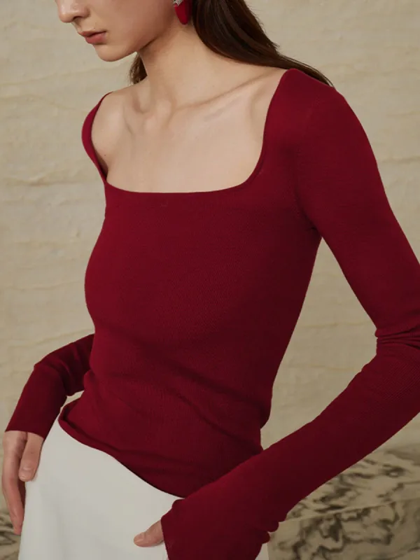 Solid Square Neck Long Sleeve Knit Shirt sold by COMMENSE