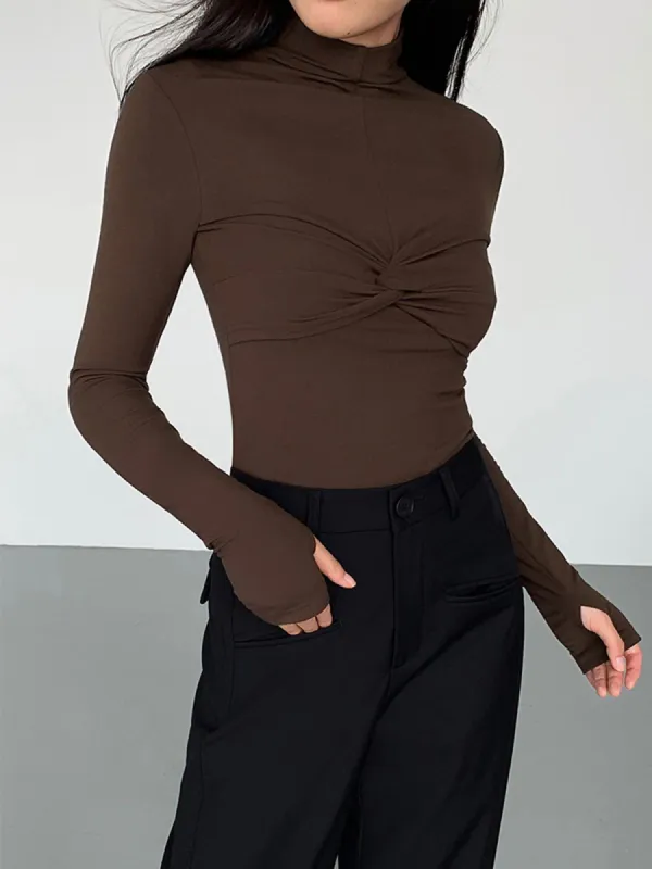 Slinky Knotted Long Sleeve Mock Neck Shirt sold by COMMENSE