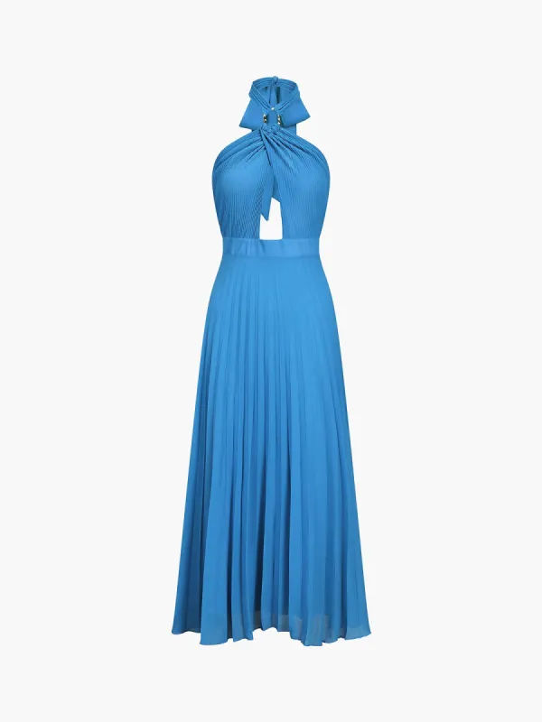 Pleat Halter Open Back Zippered Long Dress sold by COMMENSE