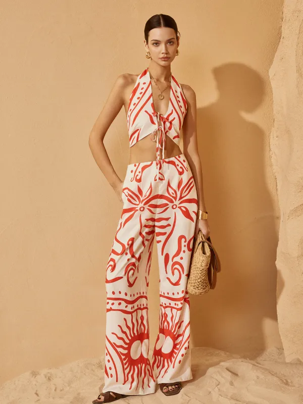 Backless Drawstring Print Pants Set sold by COMMENSE