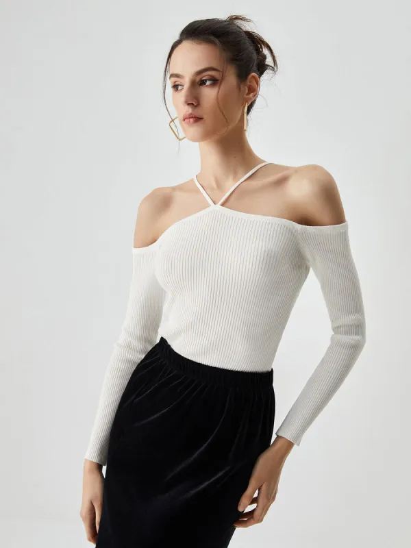 Ribbed Knit Long Sleeve Halter Top sold by COMMENSE