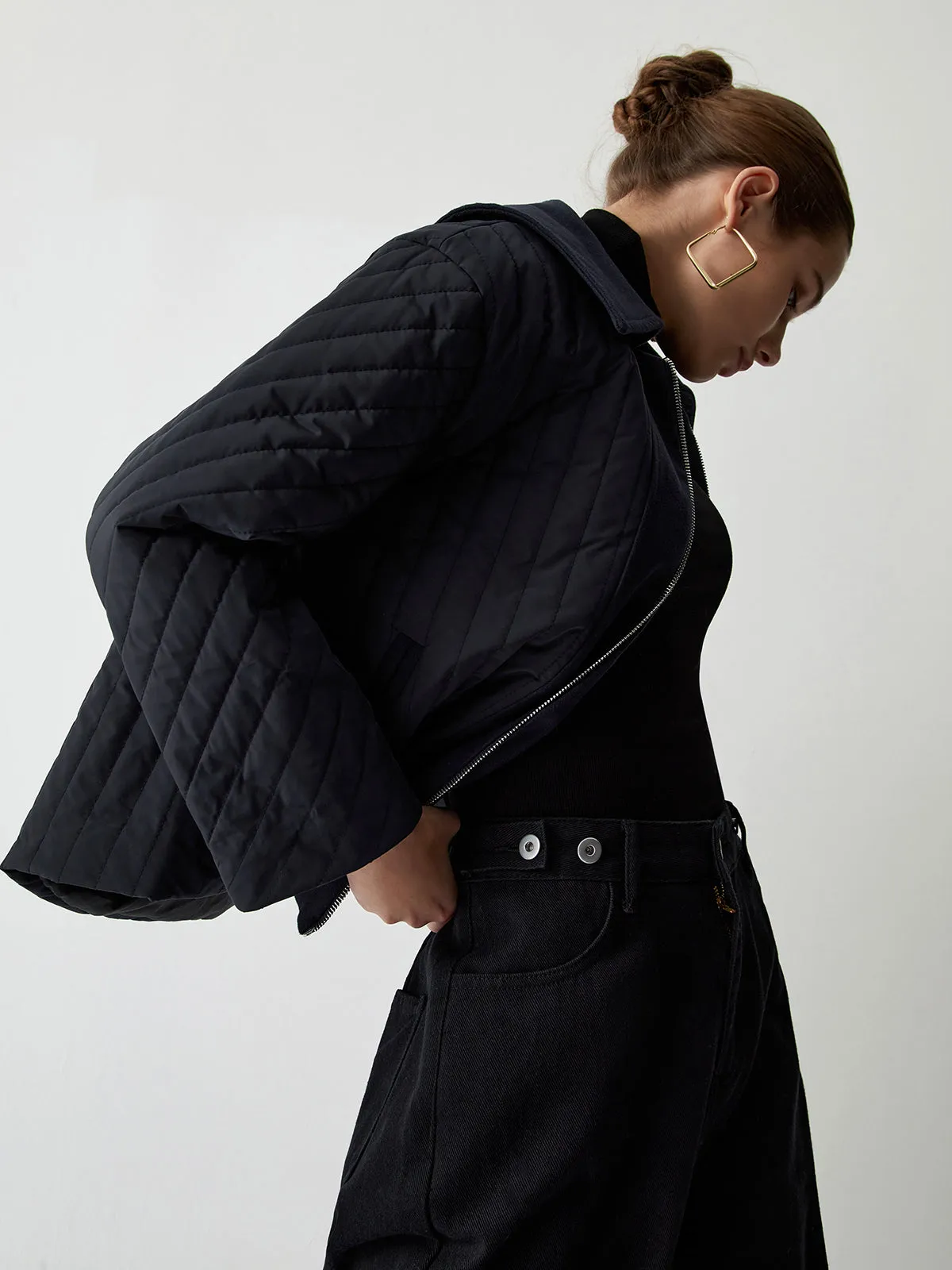 Zip Up Open Collar Quilted Jacket sold by COMMENSE product image thumbnail 3