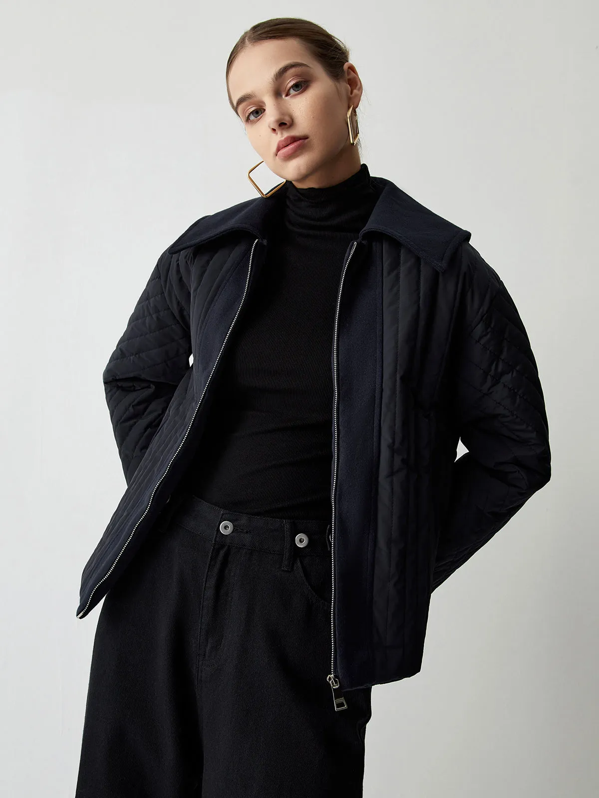 Zip Up Open Collar Quilted Jacket sold by COMMENSE