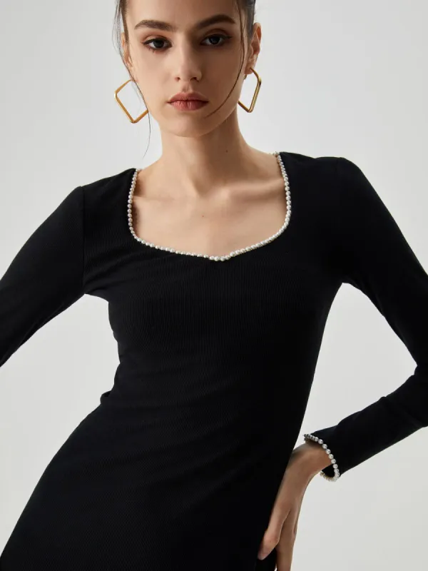 Ribbed Knit Pearl Contrast Trim Long Sleeve Slit Midi Dress made by COMMENSE