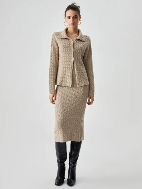 Pearl Button Collar Cable Knit Two Piece Skirt Set sold by COMMENSE
