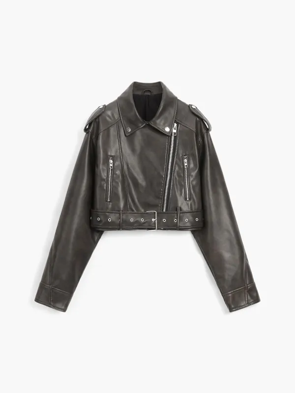 Faux Leather Belted Crop Bomber Jacket sold by COMMENSE