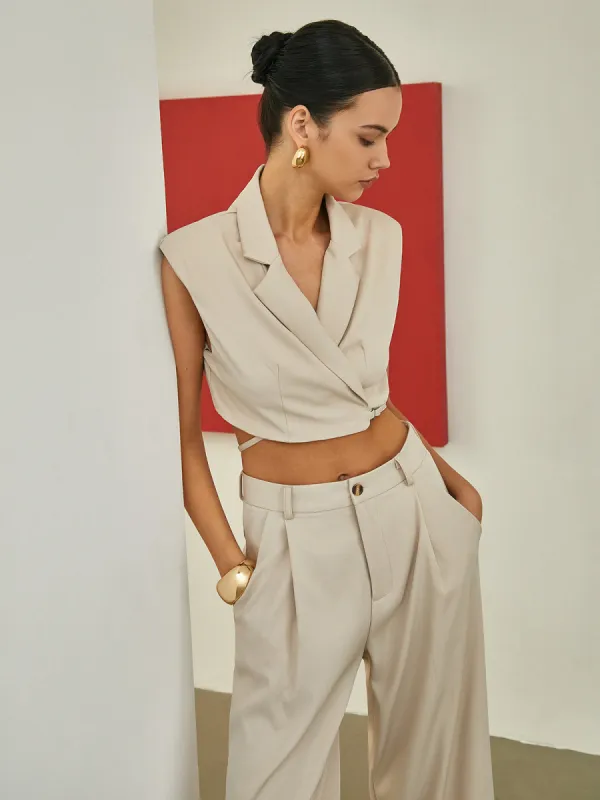 Minimalism Shoulder Pads Knotted Vest With Tailored Pants Set sold by COMMENSE