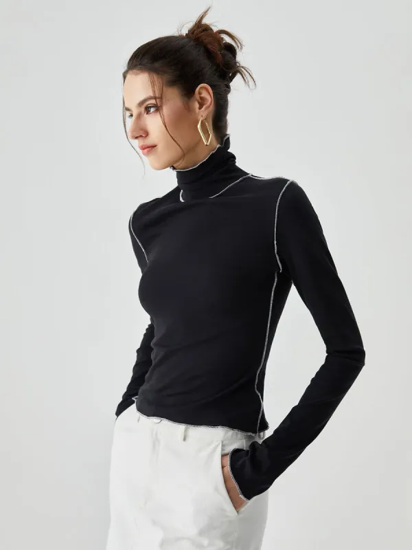 Contrast Trim Turtleneck Long Sleeve Shirt sold by COMMENSE