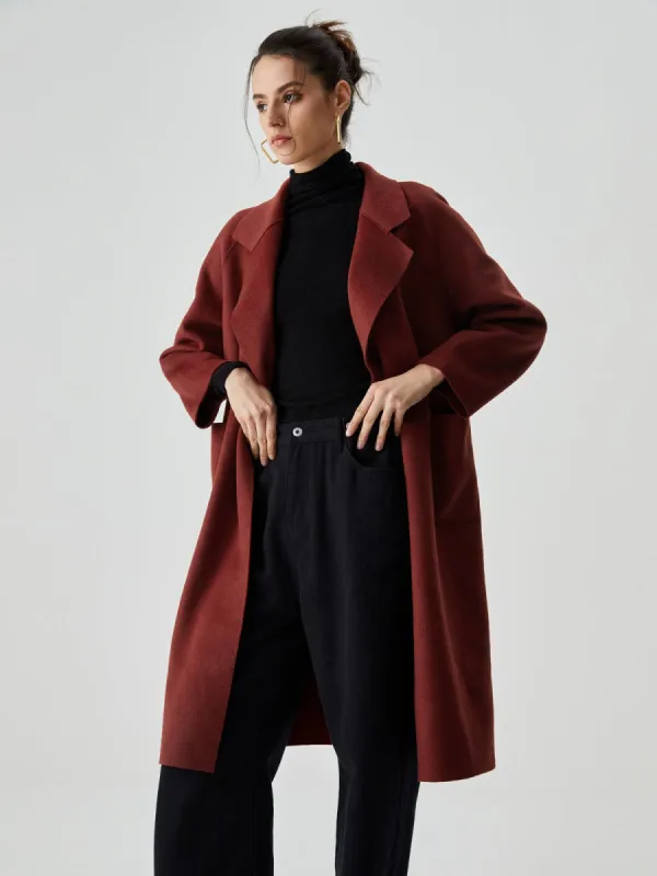 Wool-blend Collar Solid Pocket Belted Coat sold by COMMENSE