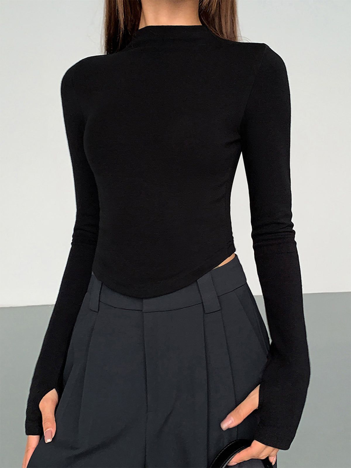 Long Sleeve Mock Neck Solid Crop Top sold by COMMENSE product image thumbnail 3