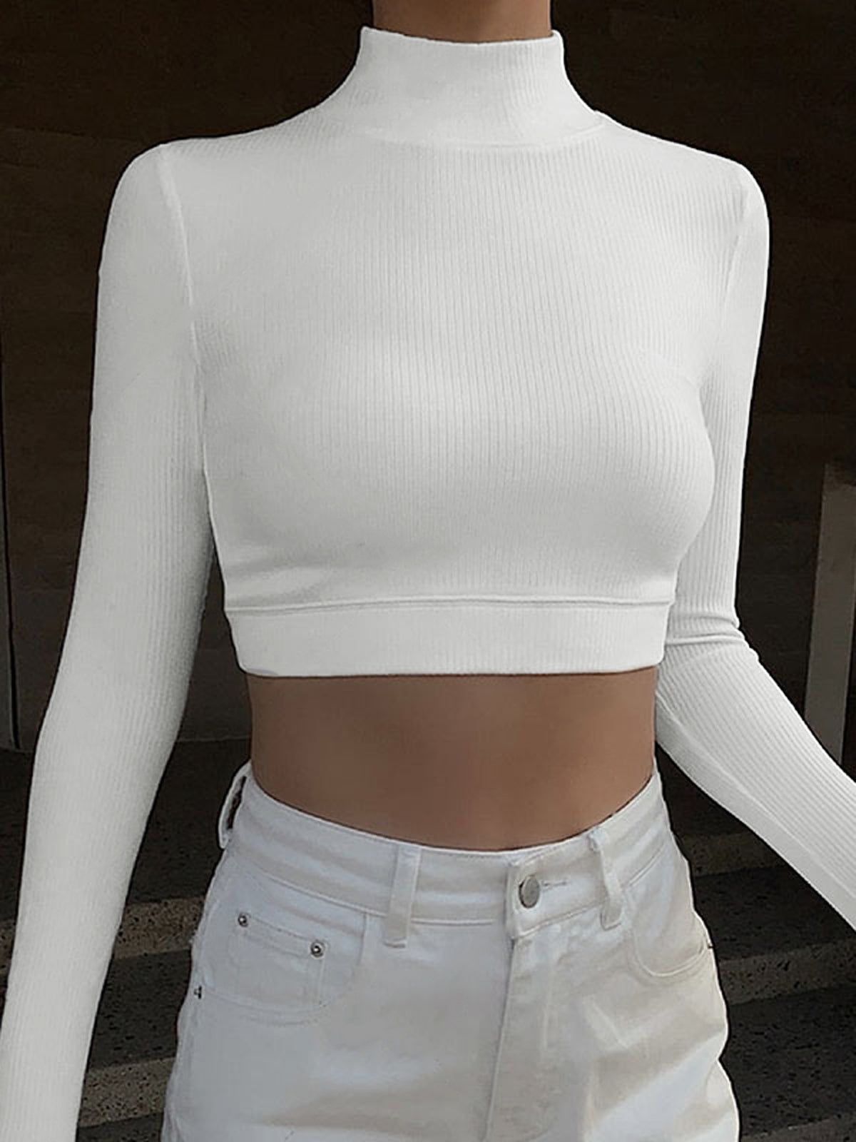 Mockneck Tie Open Back Crop Shirt sold by COMMENSE product image thumbnail 4