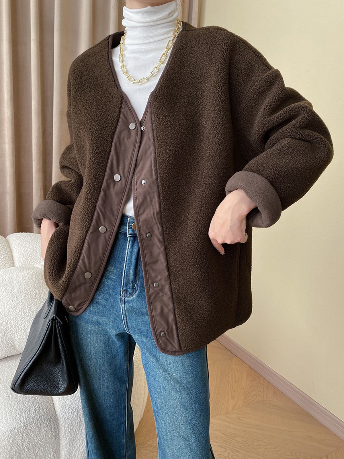 Patchwork Button-down Fleece Jacket sold by COMMENSE