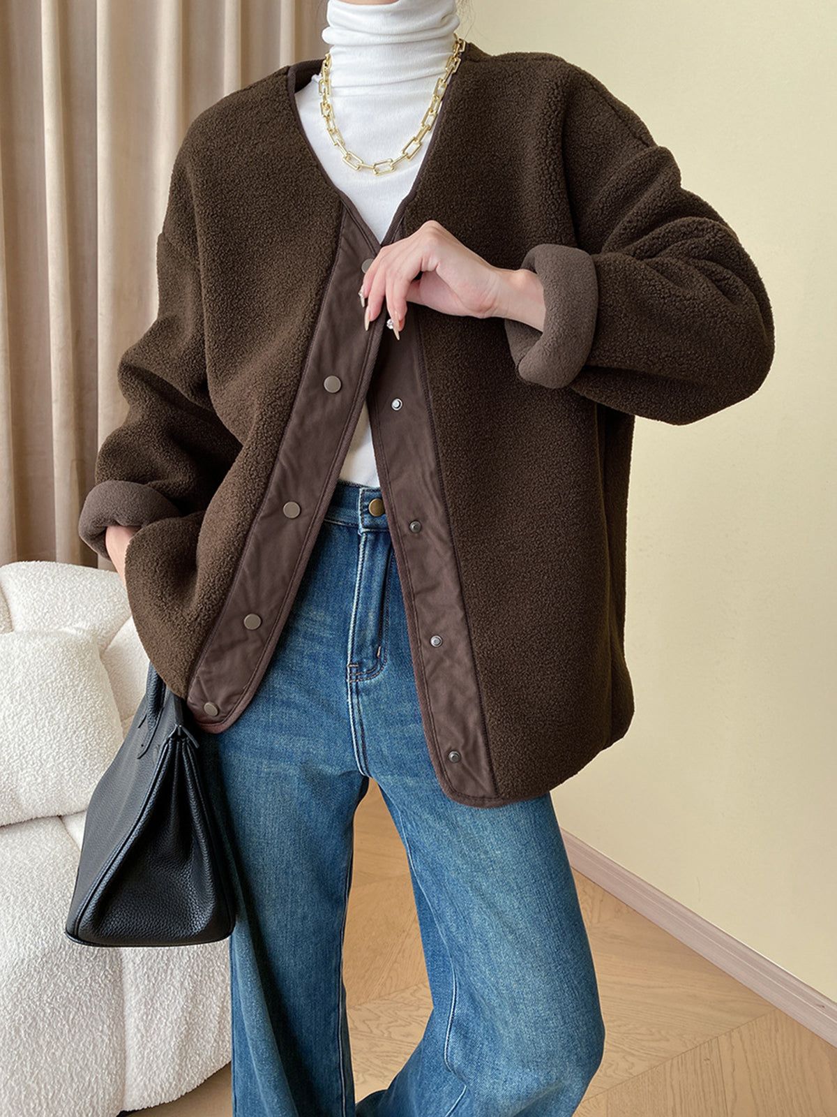 Patchwork Button-down Fleece Jacket sold by COMMENSE product image thumbnail 2