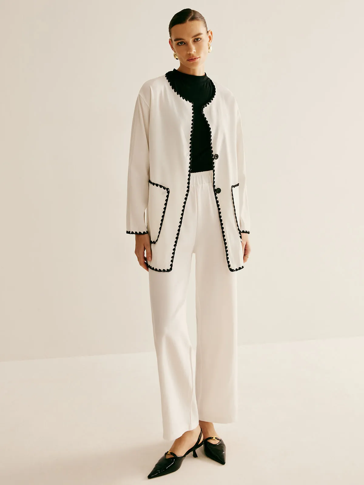 Leisure Embroidered Trim Wide-Leg Pants Set sold by COMMENSE product image thumbnail 4